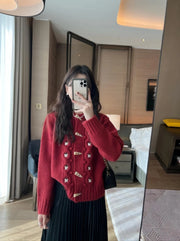 Cozy & Chic Red Sweater + Black Skirt Set for Women | Vintage Button-Up Knitted Cardigan & Slim Fit Autumn Winter Look | Perfect for Christmas & New Year Celebrations