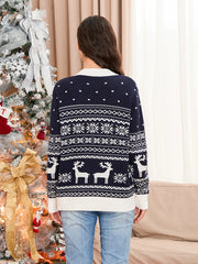 Women's Reindeer & Snowflake Knit Button-Down Cardigan – V-Neck Long Sleeve Sweater