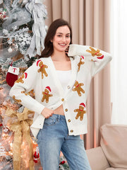 Festive Gingerbread Man Cardigan - Women's Christmas Button-Front V-Neck Ribbed Knit Sweater | Cozy Long Sleeve Holiday Fashion