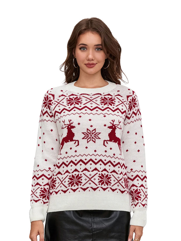 ✨ Cozy Chic Christmas Sweater for Women – Reindeer & Snowflake Print Knit Jumper | Perfect for Holiday Vibes! 🎄🎁