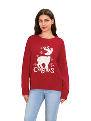 Women's Christmas Sweater with Reindeer, Letter & Bow Details - Long Sleeve Ribbed Knitted Top for Holiday Cheer