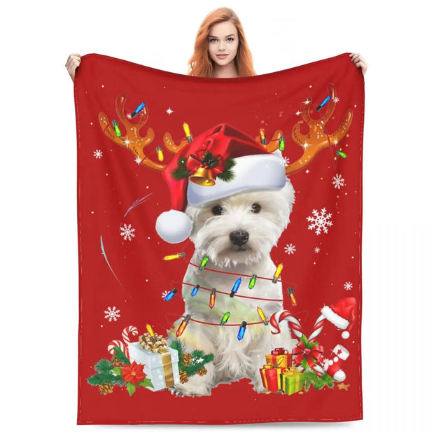 Cozy Westie Reindeer Christmas Lights Dog Blanket – Super Soft Fleece Throw for Ultimate Comfort & Holiday Vibes!