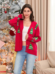 Wsevypo Christmas Tree Print Knit Cardigan – Women's V-Neck Long Sleeve Sweater Coat for Autumn & Winter Warmth!